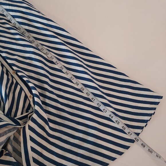 Zara Navy Blue Striped Linen Blend Belted Midi Shirt Dress Size Large - Picture 9 of 11